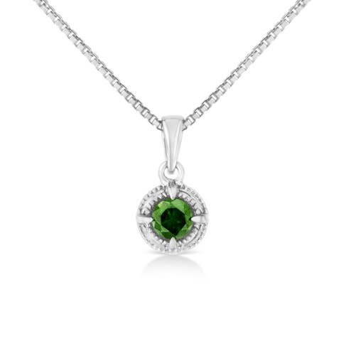 Silver 1/5 Cttw Treated Green Diamond Solitaire 18" Milgrain Pendant Necklace