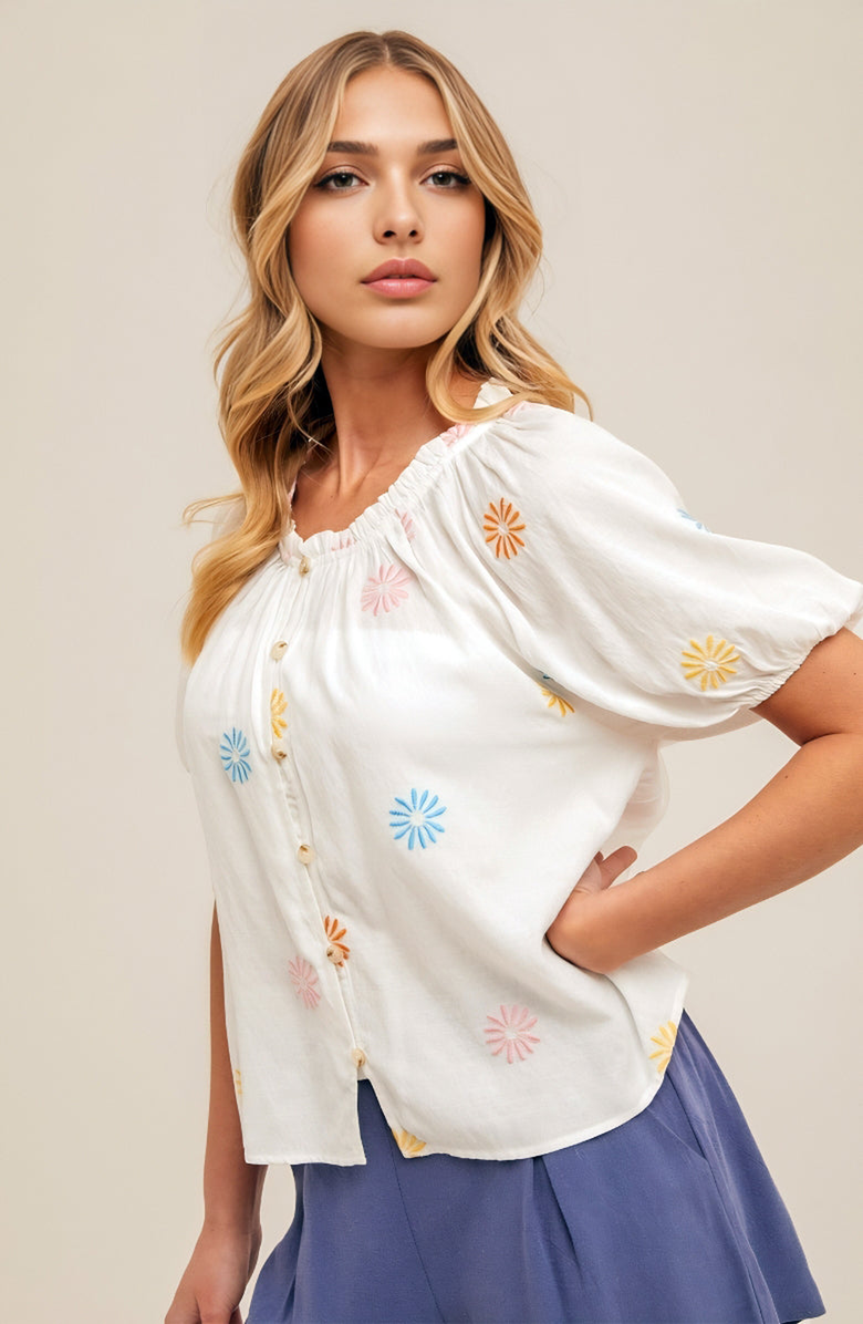Knit and Lounge Embroidered Button-Up Blouse, Alternate, color, White Multicolor Floral