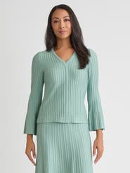 Misook Scalloped Ribbed Knit Bell Sleeve Top