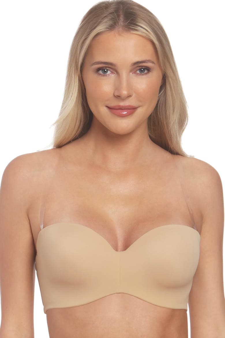 Bella Strapless Seamless Hidden Underwire Convertible Bandeau Bra with Clear & Matching Straps, Alternate, color, Mocha