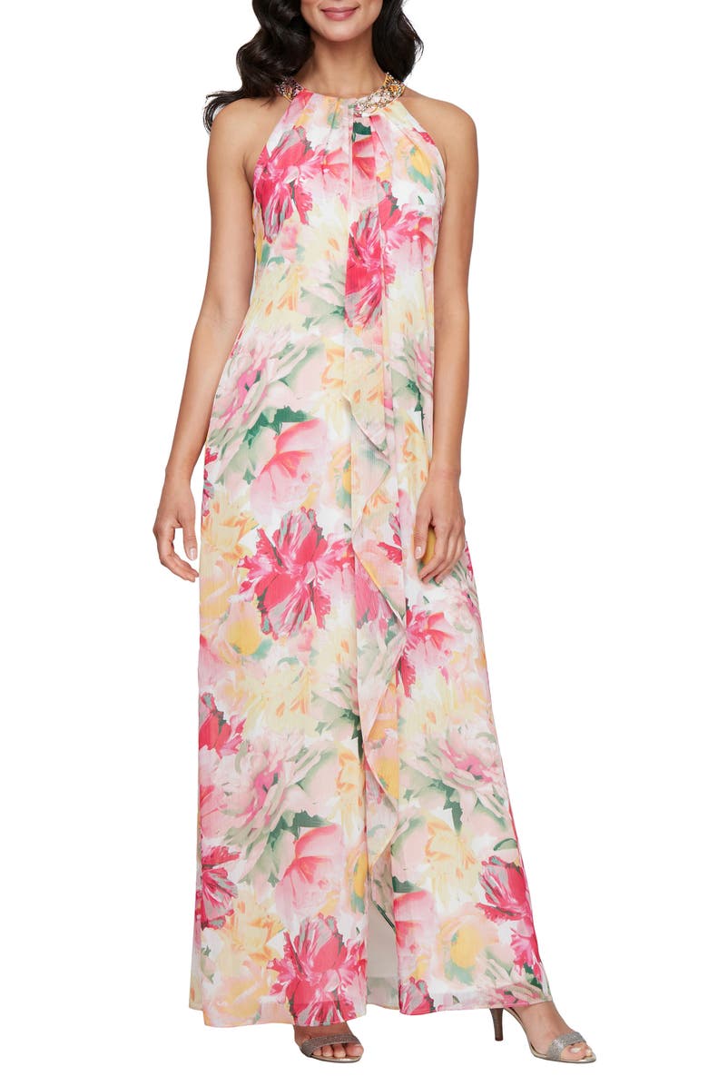 SL FASHIONS Floral Embellished Halter Neck Gown, Main, color, 