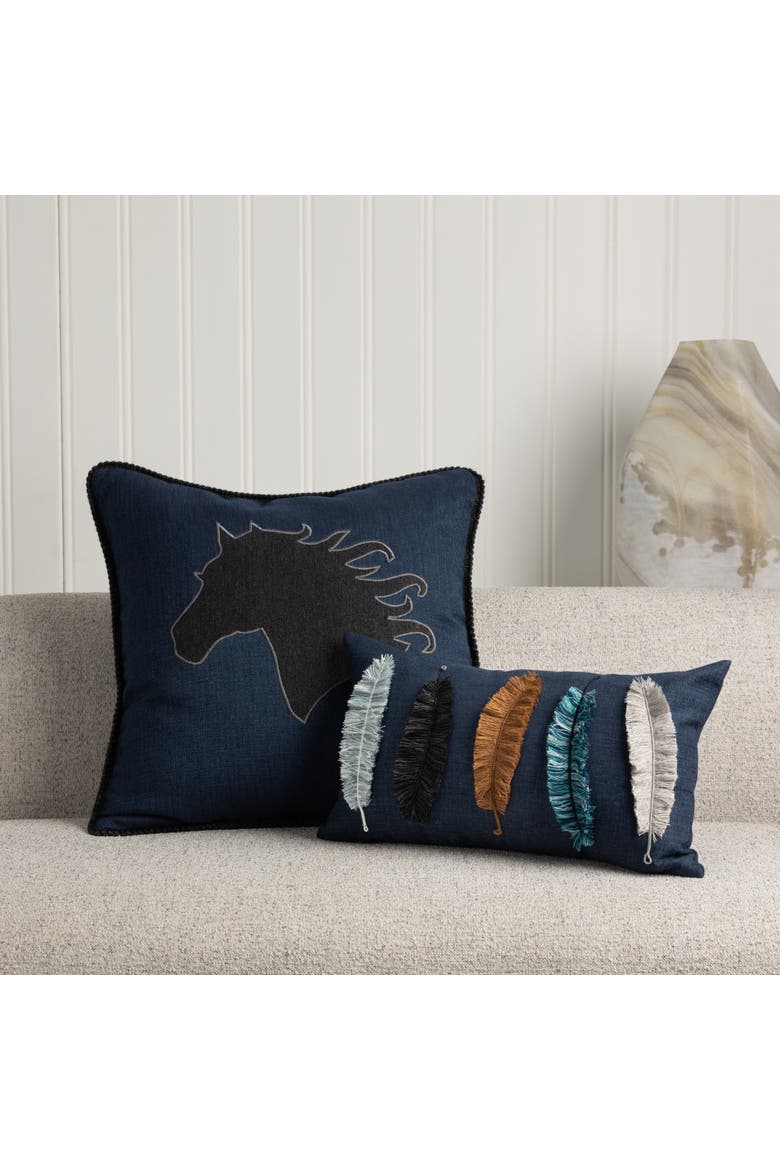 Black Beauty Handmade Velvet Embroidered Applique Indoor & Outdoor Accent Pillow, Alternate, color, Denim