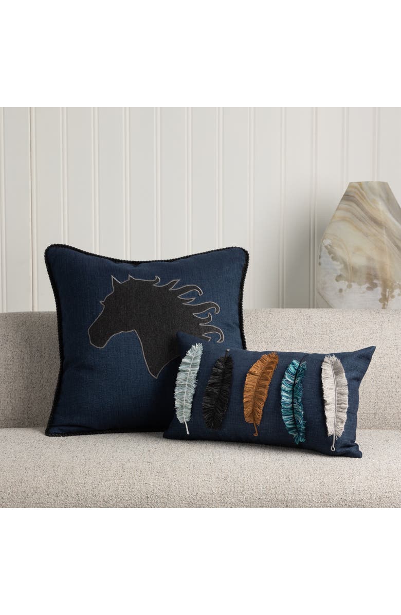 Elaine Smith Believe Handmade Feather Embroidered Applique Indoor & Outdoor Accent Pillow, Alternate, color, Denim