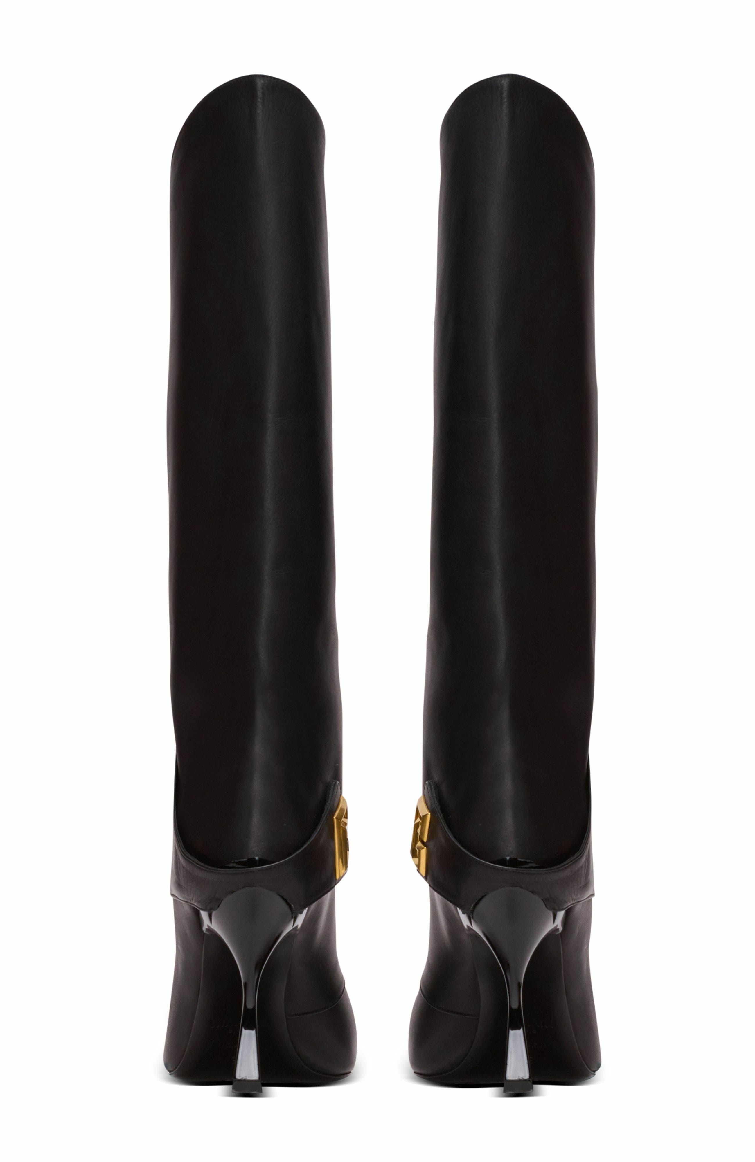Balmain Twist Heeled Leather Boots, Alternate, color, Black