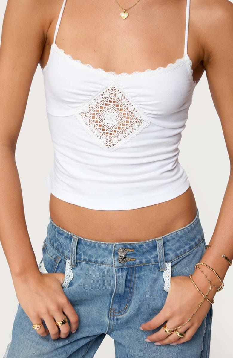 EDIKTED Morena Lace Trim Camisole, Alternate, color, White