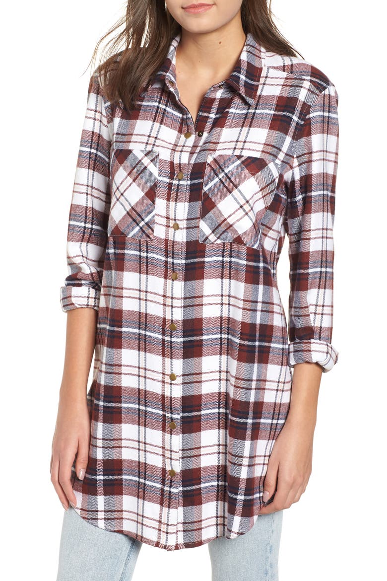 Plaid Flannel Tunic, Main, color, IVORY CAMEL PLAID