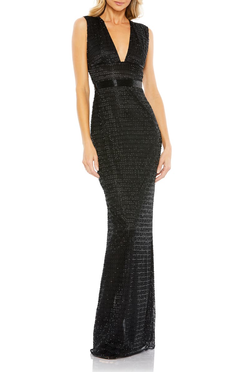 Mac Duggal Elegant Beaded Column Gown with Cap Sleeves & V-Neckline, Main, color, Black