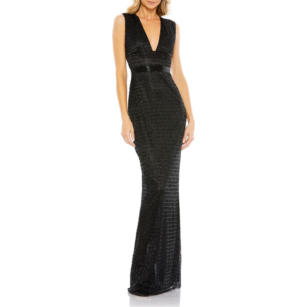 Mac Duggal Beaded Cap Sleeve V Neck Column Gown In Black