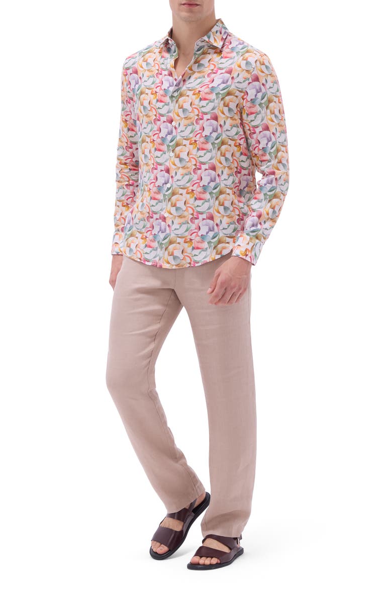 Bugatchi Julian Shaped Fit Linen Button-Up Shirt, Alternate, color, Sand