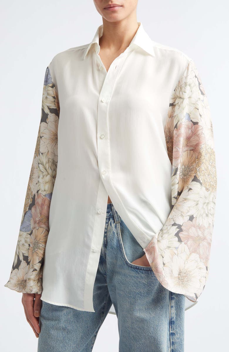 Maison Margiela Floral Sleeve Silk Button-Up Shirt, Alternate, color, Ivory