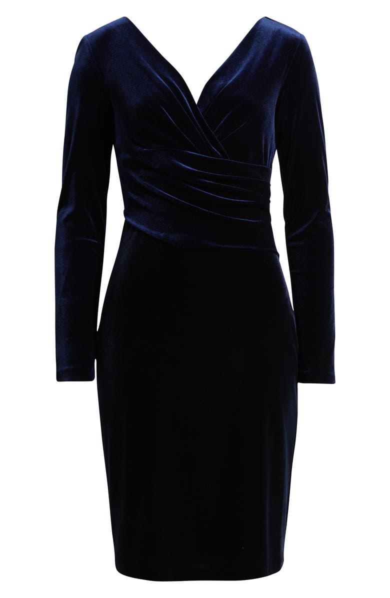 Eliza J Ruched Long Sleeve Velvet Body-Con Dress, Alternate, color, Navy