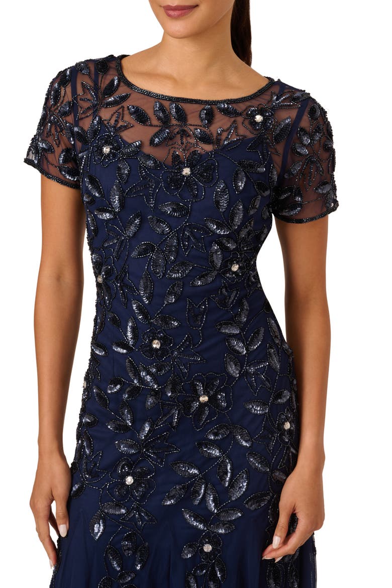 Floral Embroidered Beaded Trumpet Gown, Alternate, color, LIGHT NAVY
