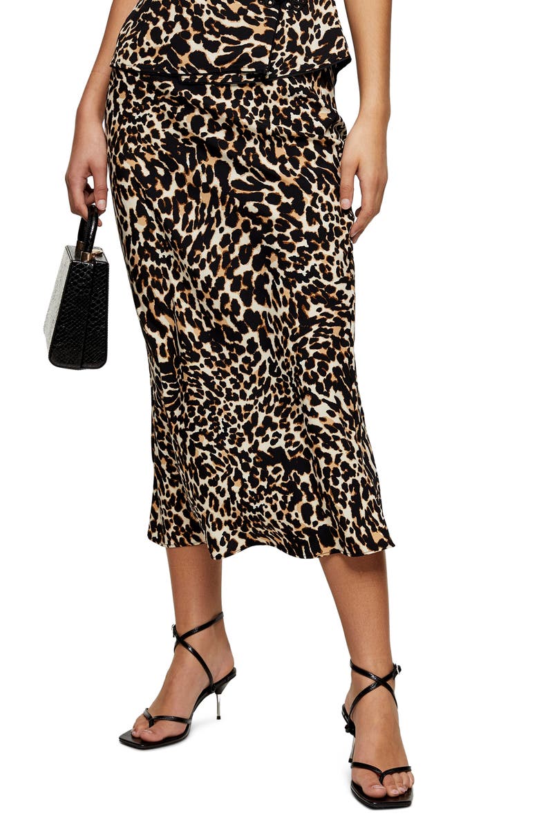 Topshop Leopard Print Bias Satin Midi Skirt, Main, color,