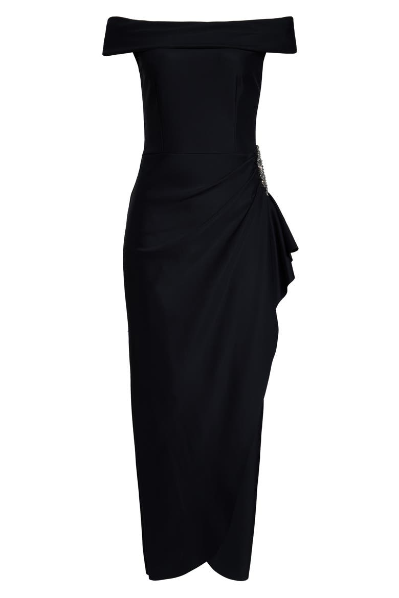 Off the Shoulder Side Swept Evening Gown, Alternate, color, BLACK