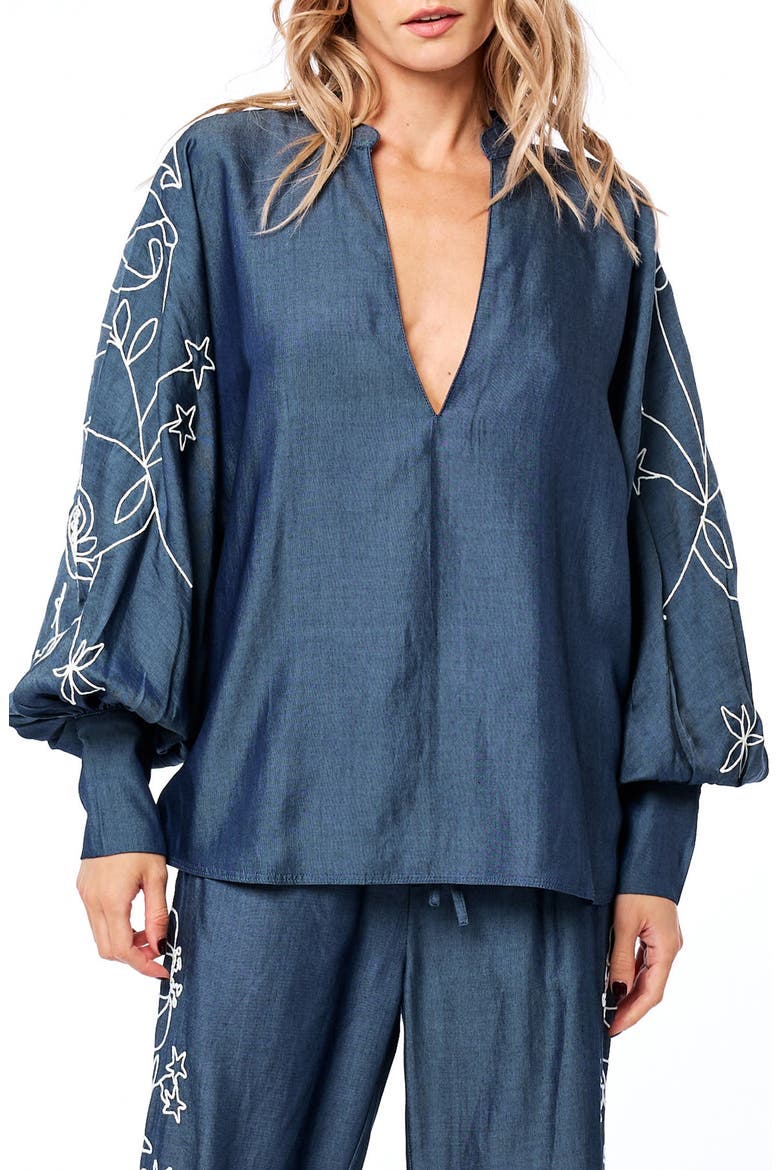 Charli Embroidered Sleeve Top, Main, color, DENIM BLUE