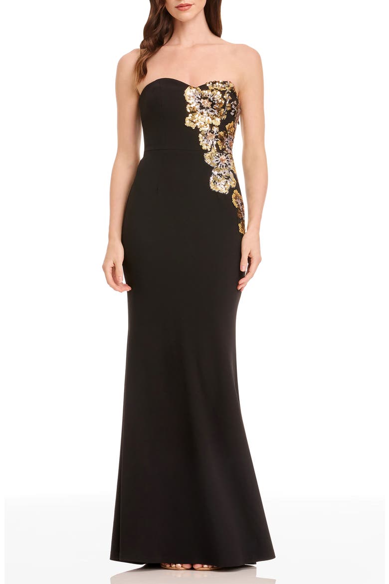 Tiana Placed Beaded Floral Strapless Mermaid Gown, Main, color, GOLD MULTI
