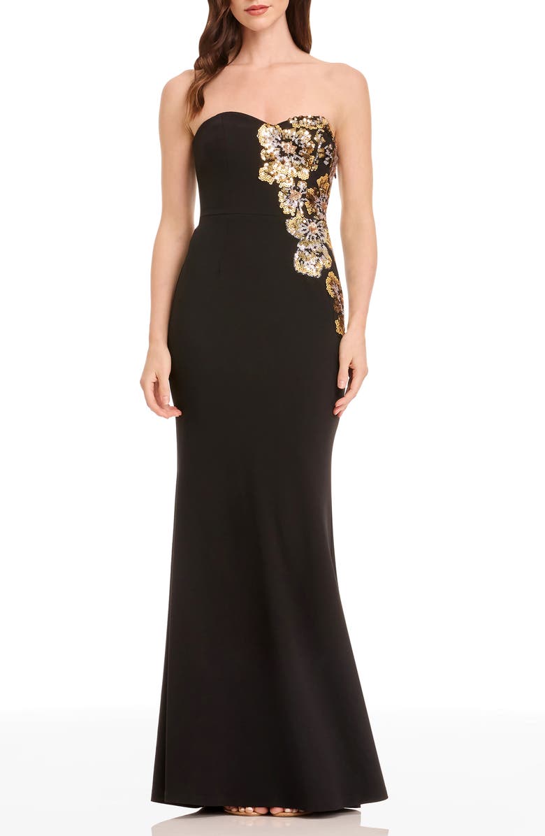 Dress the Population Tiana Placed Beaded Floral Strapless Mermaid Gown, Main, color, Gold Multi