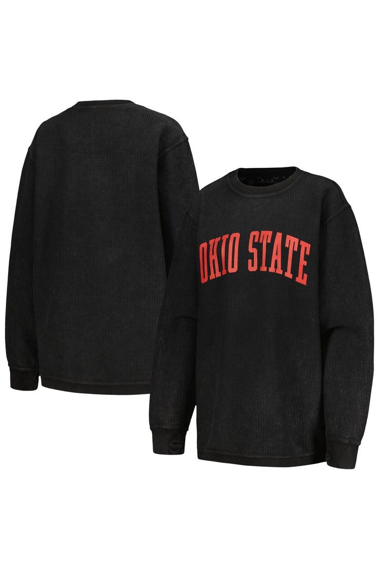 Women's Pressbox Black Ohio State Buckeyes Comfy Corded Vintage Wash Basic Arch Pullover Sweatshirt, Main, color, Black