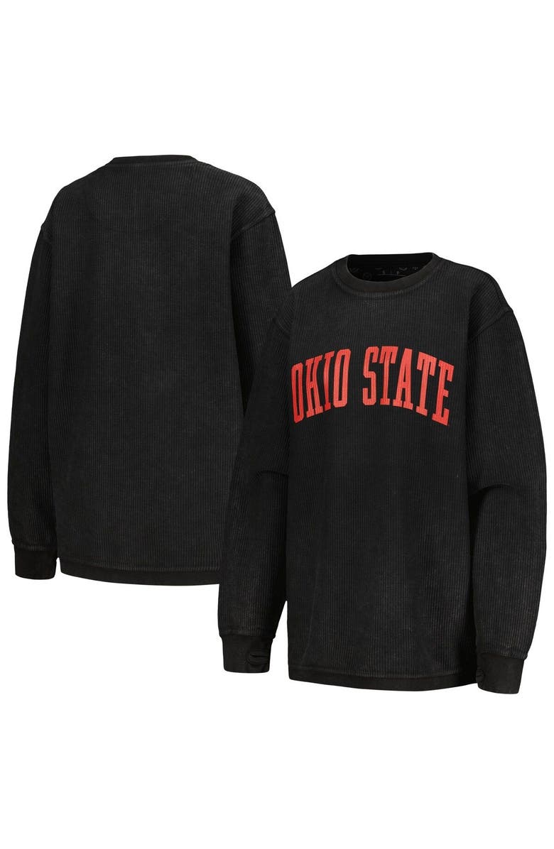 PRESSBOX Women's Pressbox Black Ohio State Buckeyes Comfy Corded Vintage Wash Basic Arch Pullover Sweatshirt, Main, color, Black