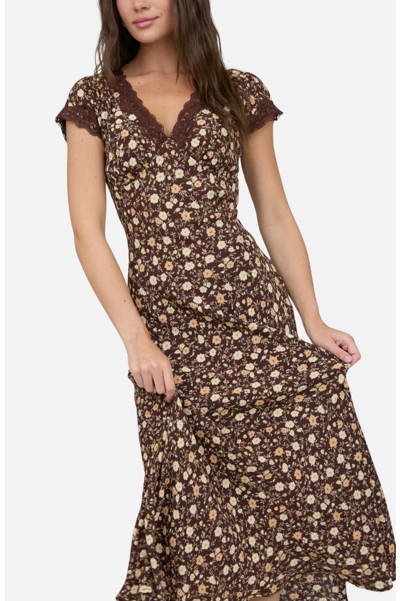 Floral Cap Sleeve Maxi Dress, Alternate, color, BROWN MULTI