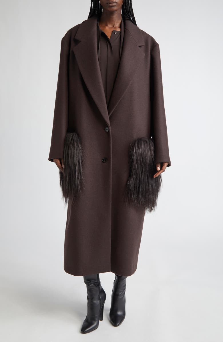 Michael Kors Collection Two-Button Slouch Coat With Long Haired Shearling Trim, Main, color, Chocolate