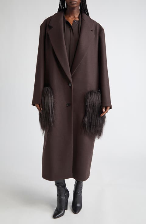 Two-Button Slouch Coat With Long Haired Shearling Trim