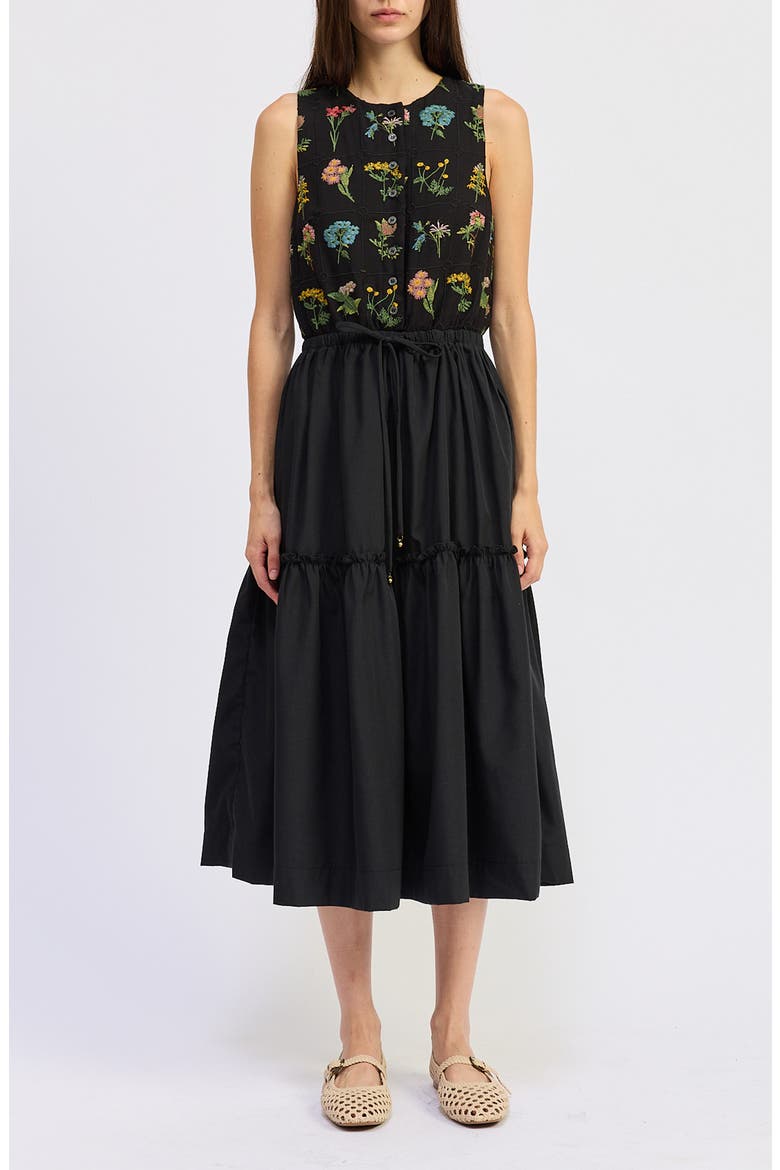 Lia Embroidered Tie Waist Sleeveless Midi Dress, Main, color, BLACK MULTI