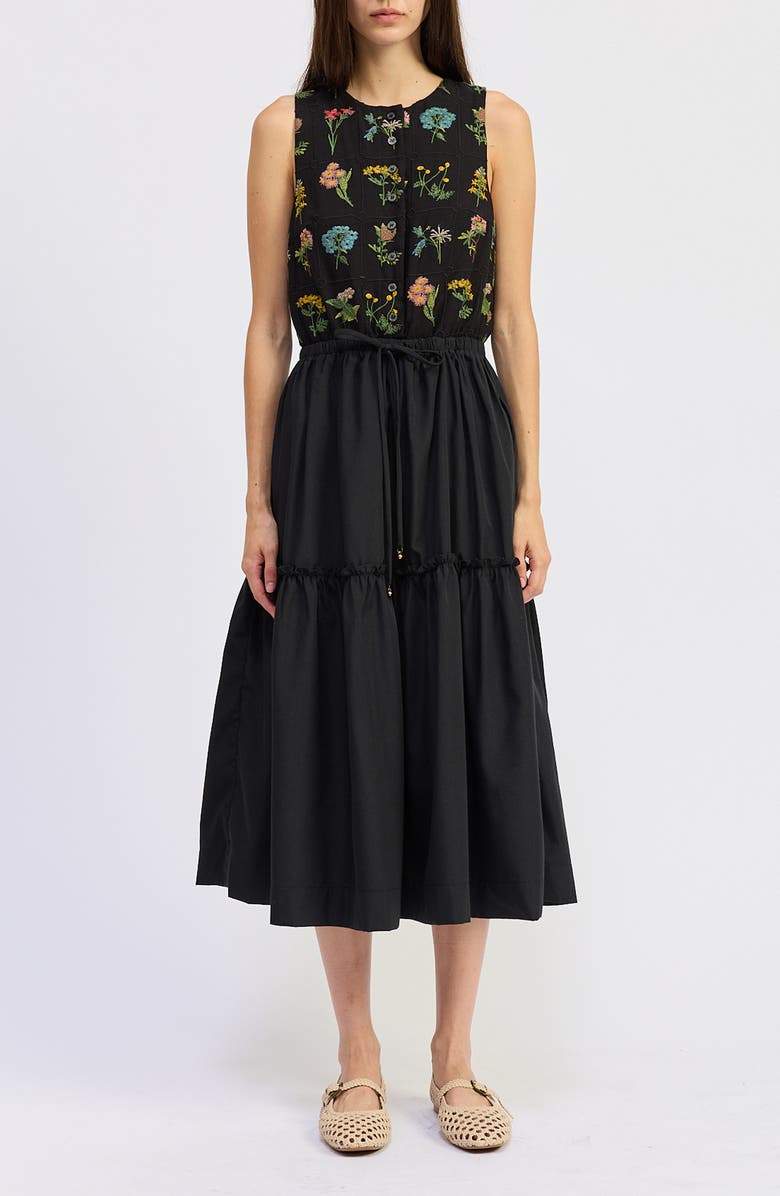 JACQUIE THE LABEL Lia Embroidered Tie Waist Sleeveless Midi Dress, Main, color, Black Multi