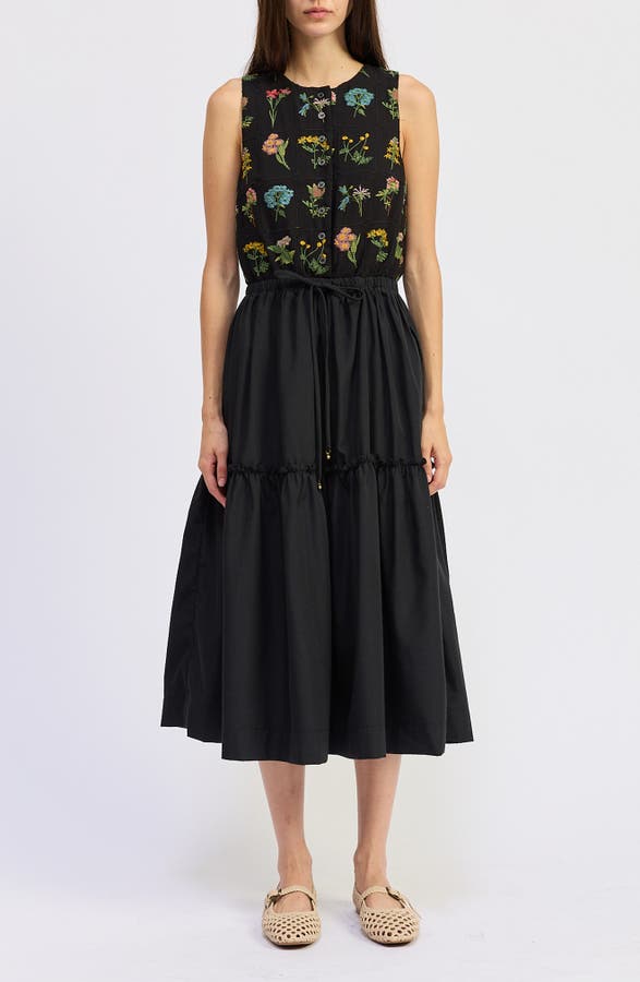 Lia Embroidered Tie Waist Sleeveless Midi Dress