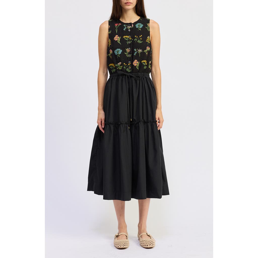 Jacquie The Label Lia Embroidered Tie Waist Sleeveless Midi Dress In Multi