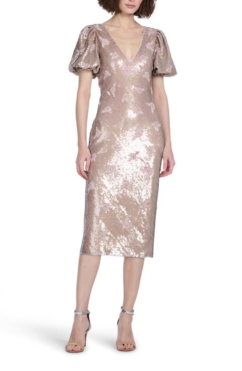 Stretch Sequin Floral Cocktail Midi Dress