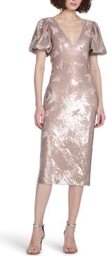 EMILY SHALANT Stretch Sequin Floral Cocktail Midi Dress