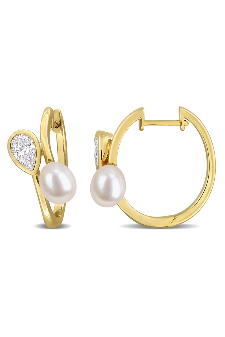 Pearl & Lab-Grown Diamond Hoop Earrings, Main, color, Yellow Plated Sterling Silver