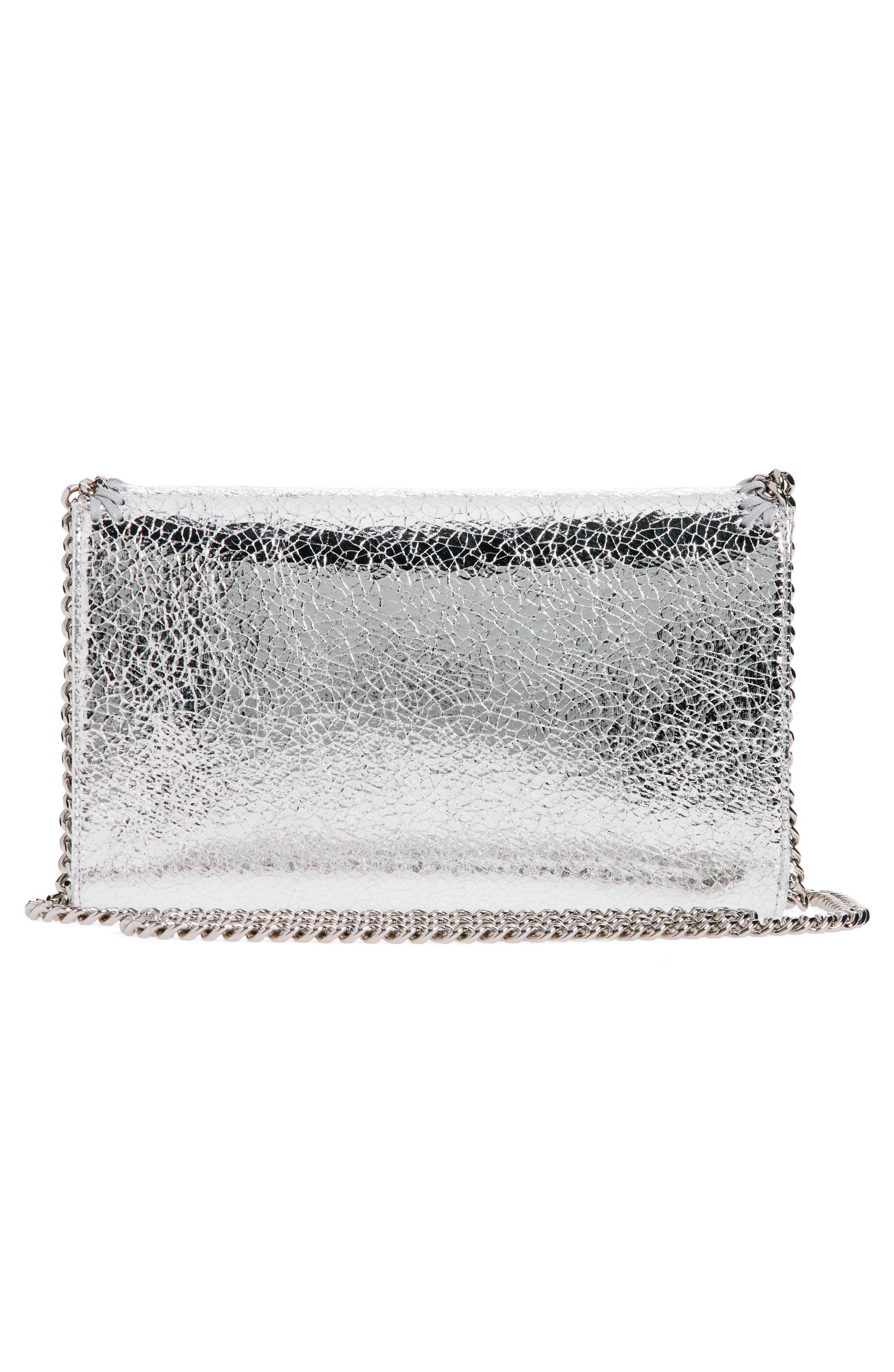 Stella McCartney Falabella Crinkle Metallic Faux Leather Wallet on Chain, Alternate, color, Silver