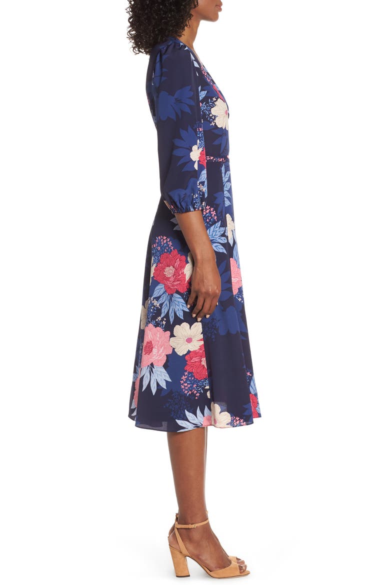 Floral Print Faux Wrap Midi Dress, Alternate, color, NAVY