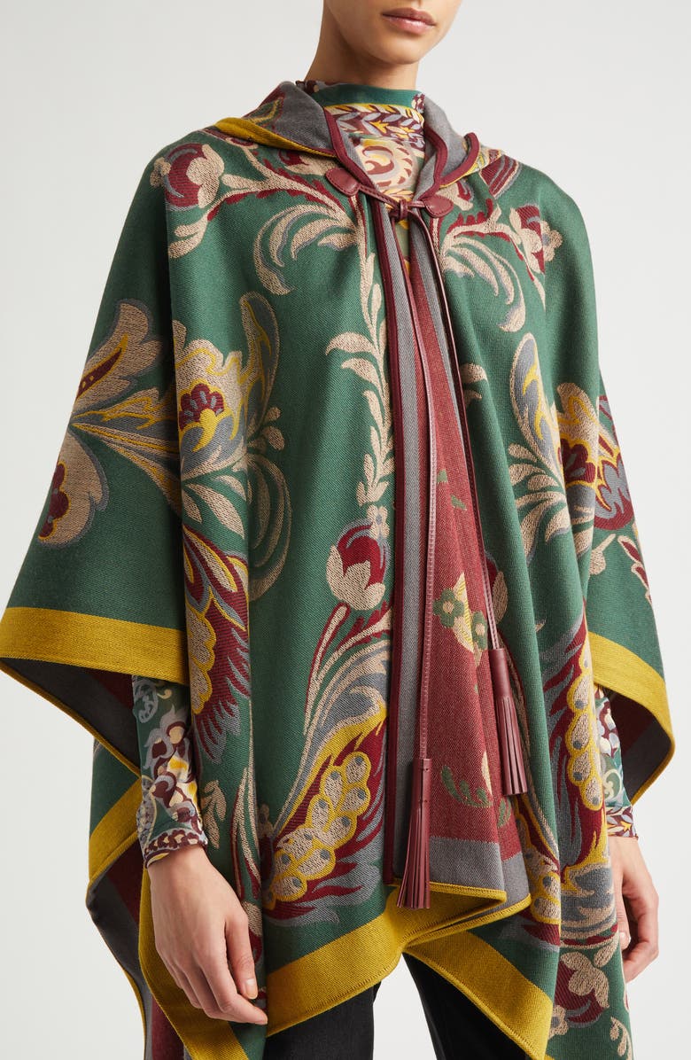 Etro Floral Jacquard Hooded Cape, Alternate, color, Printed Brown Base
