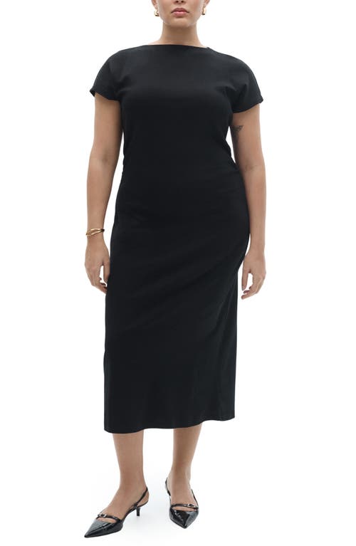 Mango Drape Waist Cotton Midi Dress In Black