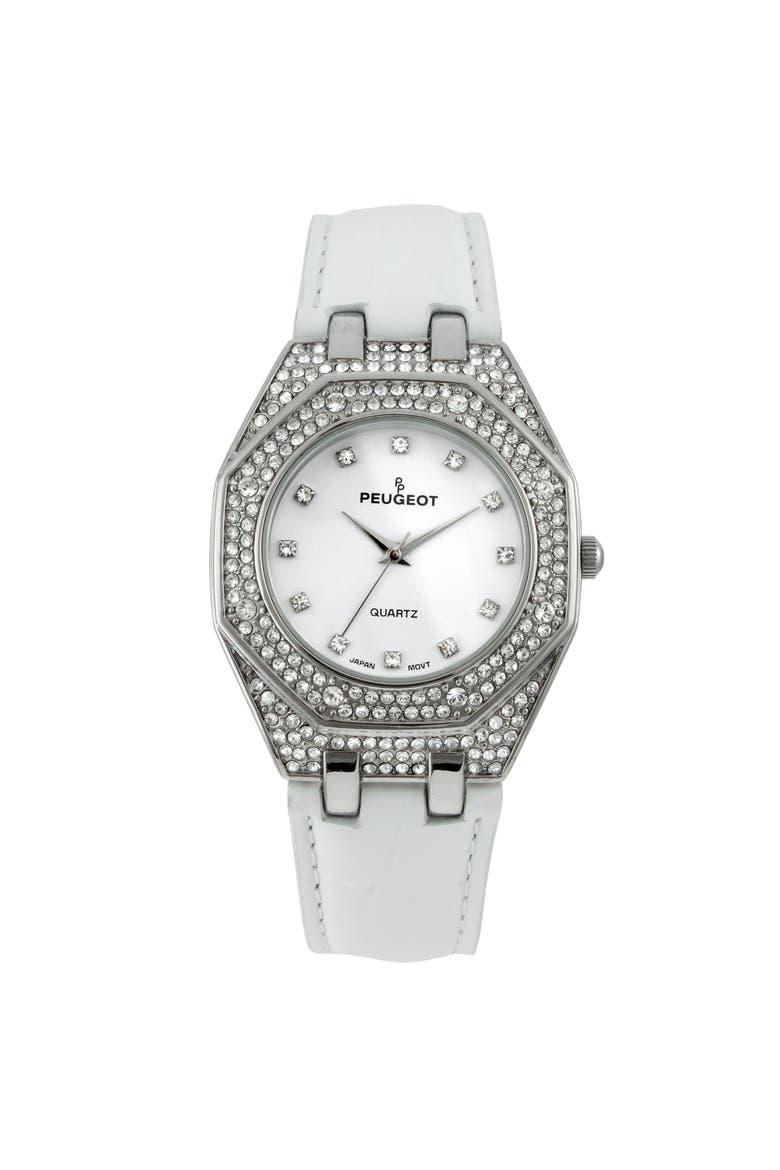 Hexagonal Crystal Bezel Leather Watch- 37MM, Main, color, White