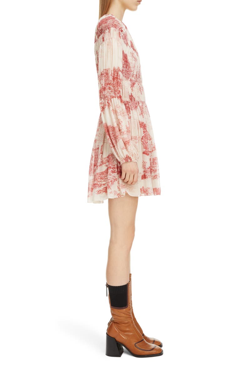 Toile Long Sleeve Smocked Silk Georgette Minidress, Alternate, color, WHITE - RED 1