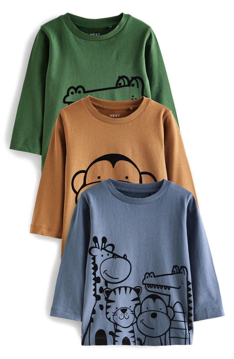 NEXT Kids' Assorted 3-Pack Linear Safari Long Sleeve Graphic T-Shirts, Main, color, 
