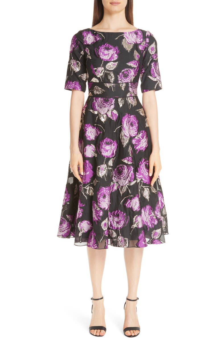 Lela Rose Metallic Floral Fil Coupé Fit & Flare Dress, Main, color, 