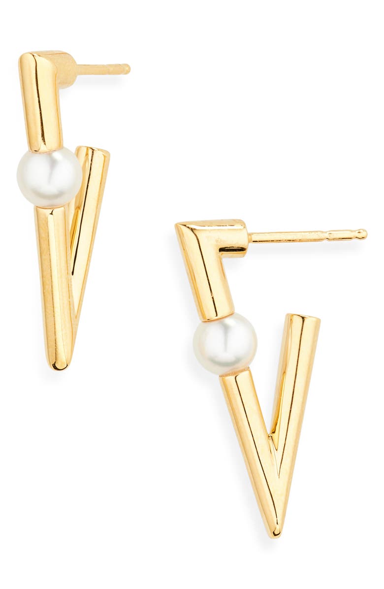 Mikimoto Akoya Pearl Triangular Earrings, Main, color, 18Ky