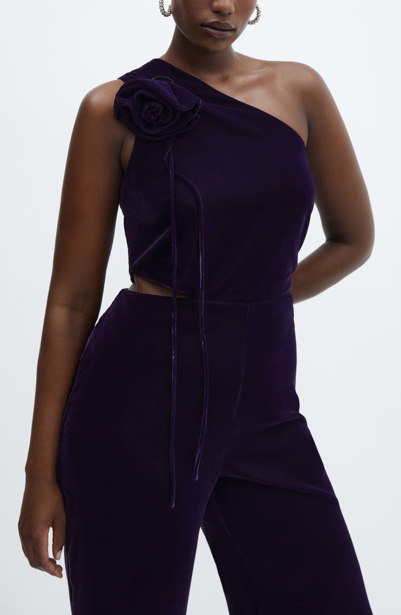 MANGO Rosette Cutout One-Shoulder Velvet Jumpsuit, Alternate, color,