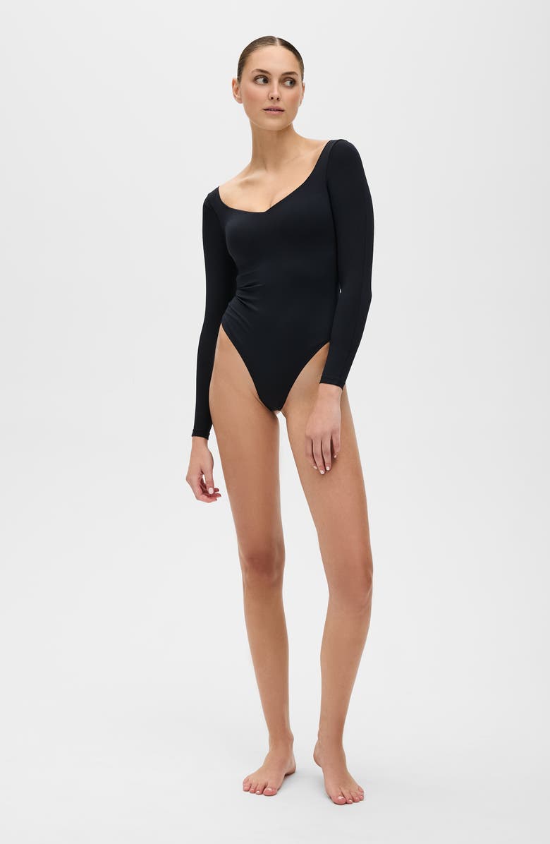 Elastique Athletics Iconic Compression Long Sleeve Bodysuit - Thong, Main, color, Black