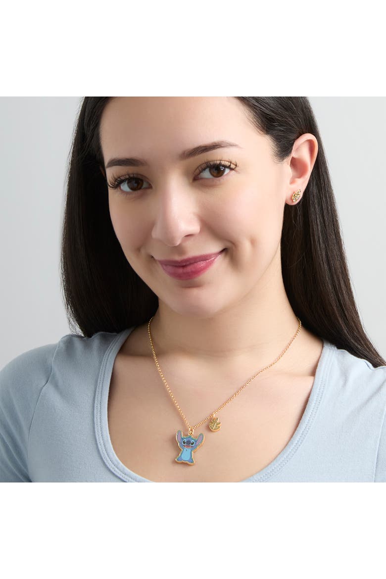 Jewelry Set with Gold-Tone Fashion Necklace and Palm Leaf Stud Earrings, Alternate, color, Blue, Metallic Gold