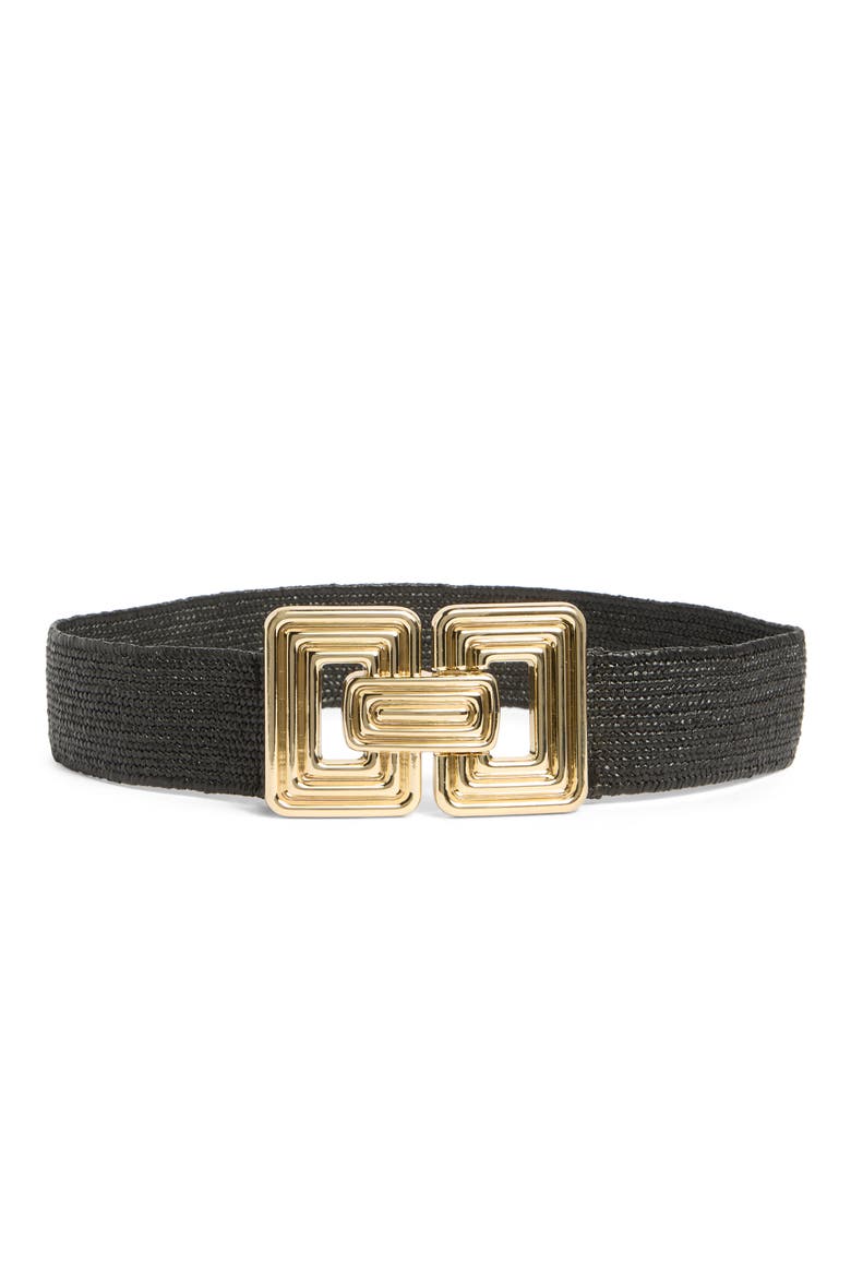 Gia Double Buckle Stretch Woven Belt, Main, color, BLACK