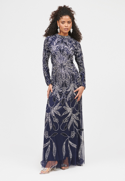 Maryisa Embellished Sequin Beaded A Line With Trail Maxi Dress In Mid Night Blue