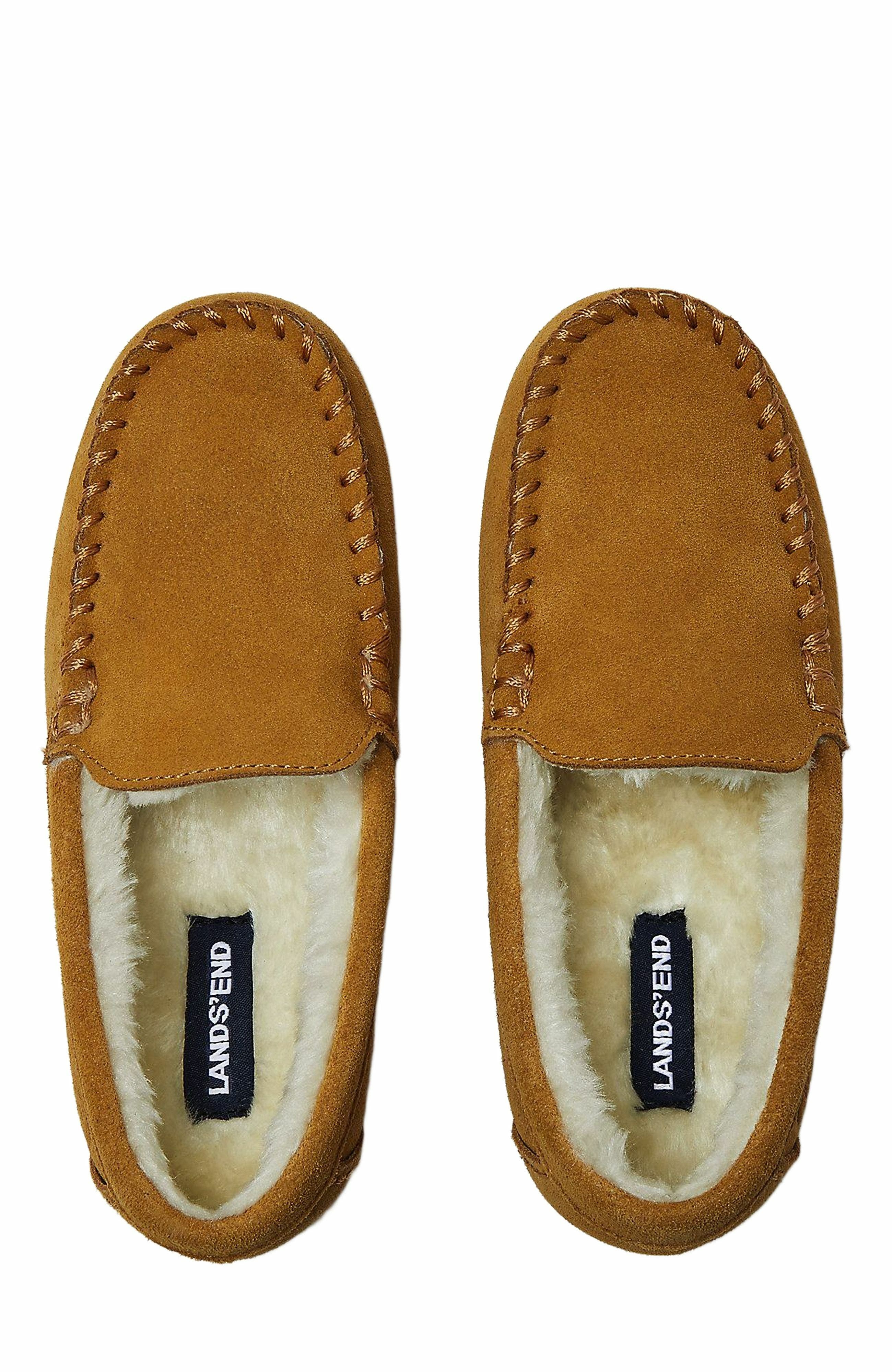 Lands' End Kids Fuzzy Lined Suede Moccasin Slippers, Main, color, 