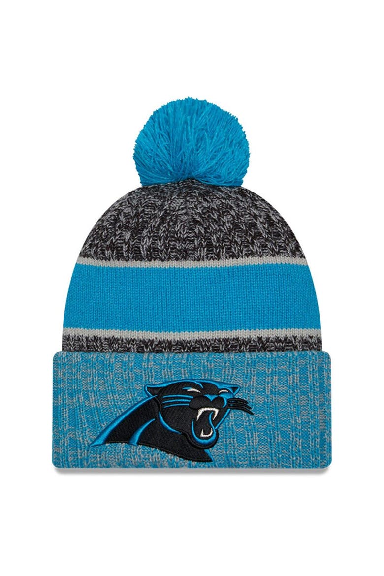 Men's New Era  Black/Blue Carolina Panthers 2023 Sideline Sport Cuffed Pom Knit Hat, Main, color, Black