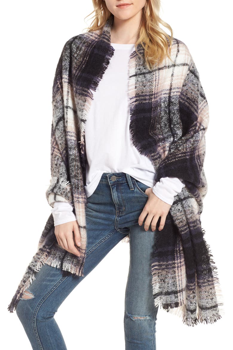 Tartan Blanket Wrap, Main, color, BLACK COMBO